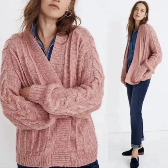 Madewell Bubble Sleeve Chunky Cable Knit Cardigan Sweater Pink XS Wool Blend - Picture 7 of 7